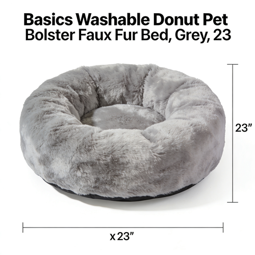 ClaudioPet Washable Donut Pet Bolster Faux Fur Bed with Removable Cover, Anti-Slip Bottom for Dog, Grey, 23" x 23